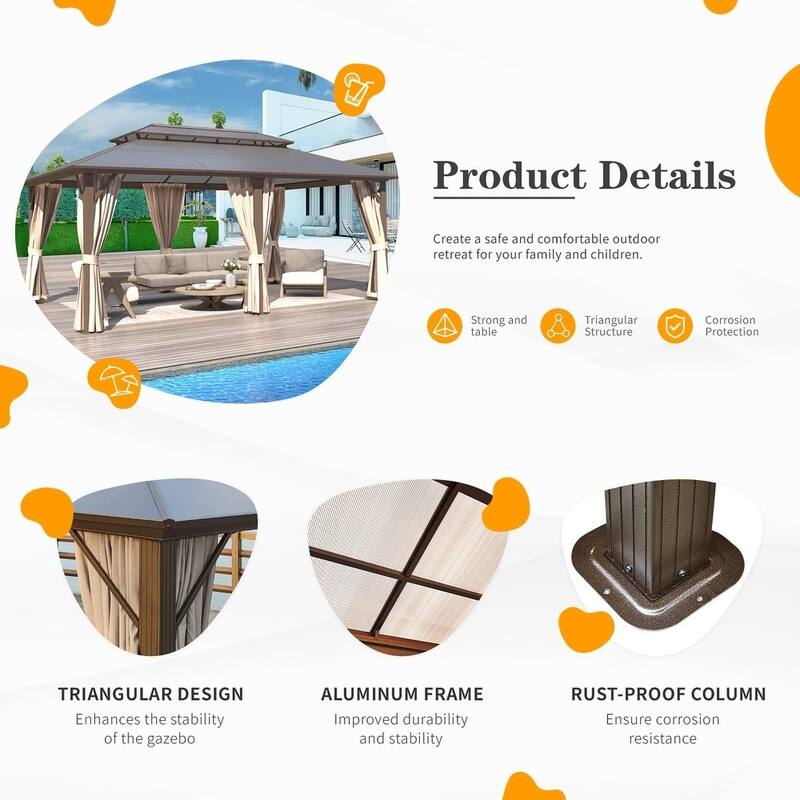 Outdoor Hardtop Gazebo for patio,Polyester Double Roof Canopy, Permanent Pavilion with Aluminum Frame,Curtains & Netting