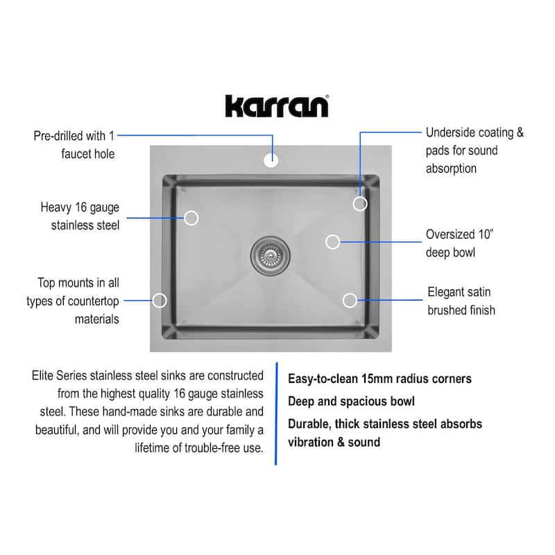 Karran Top Mount Stainless Steel 25 in. 16-Gauge Drop-In Single Bowl Kitchen Sink Kit