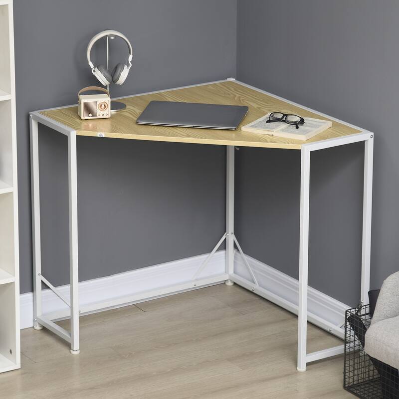 HOMCOM Space-Saving Small Corner Writing Desk & Corner TV Stand, Corner Computer Desk with Strong Metal Frame - Natural