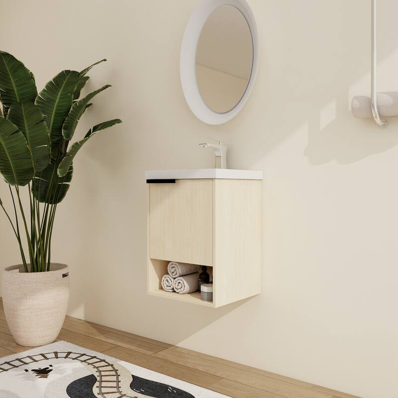Malwee 16"/20" Floating Bathroom Vanity, Mini Wall Mounted Bathroom Vanity with Ceramic Sink and Soft Close Door
