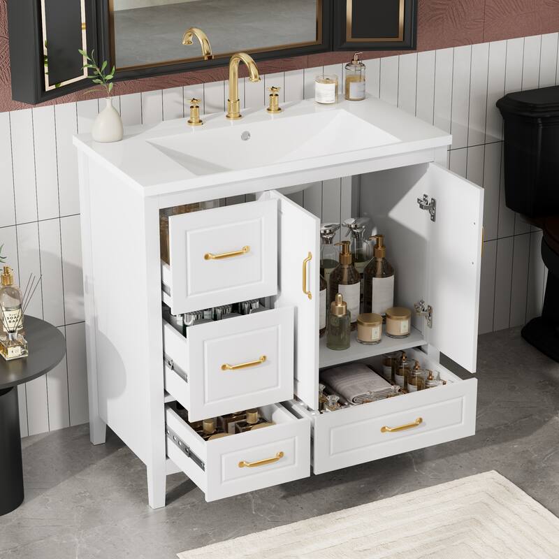 36 Inch Bathroom Vanity With Sink, One Cabinet With Soft-Closing Doors, 4 Soft-Closing Drawers, Metal Handles - White