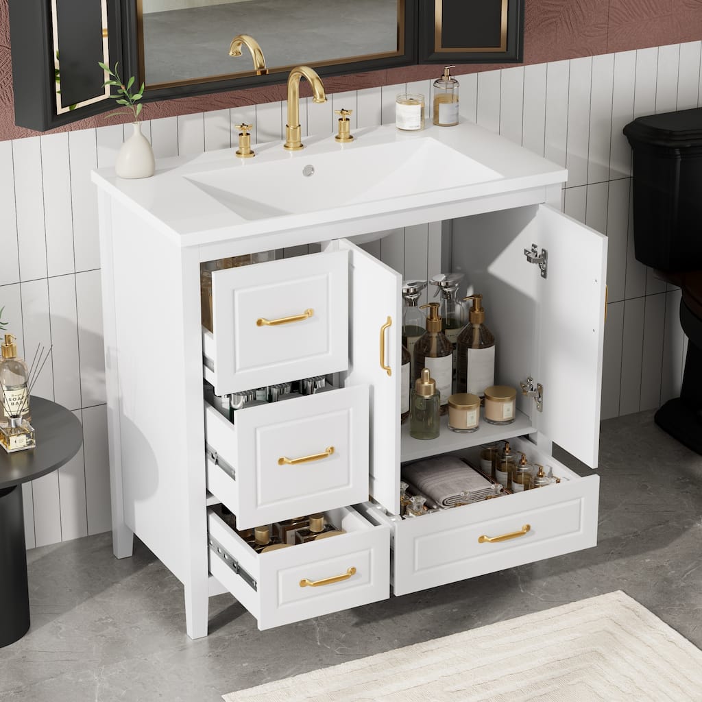 36 Inch Bathroom Vanity With Sink, One Cabinet With Soft-Closing Doors, 4 Soft-Closing Drawers, Metal Handles
