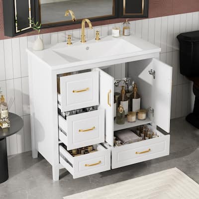 36 inch Bathroom Vanity with Sink, One Cabinet with Soft-closing Doors, 4 Soft-Closing Drawers, Metal Handles, White