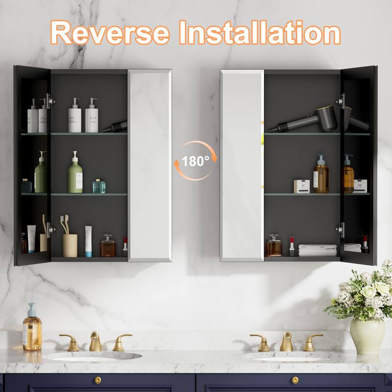 Belle Medicine Cabinet with Mirror, Adjustable Shelves, Recessed or Wall Mount