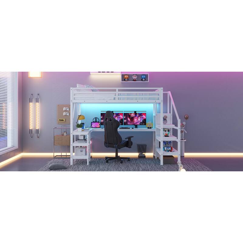 Roomfitters Full/Queen Loft Platform Bed, L-Shaped Desk and LED Wardrobe with Metal Frame for Bedroom or Guest Room