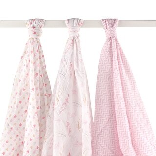 Hudson Baby Infant Girl Cotton Muslin Swaddle Blankets, Pink Feather, One Size - Pink Feather - 3-Pack