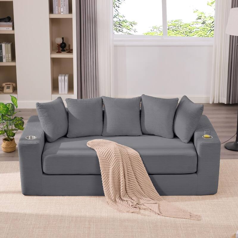 2-in-1 Convertible Sleeper Sofa, Floor Folding Couch, Sofa Bed with Side Pocket, Pull Out Loveseat with Cup Holders