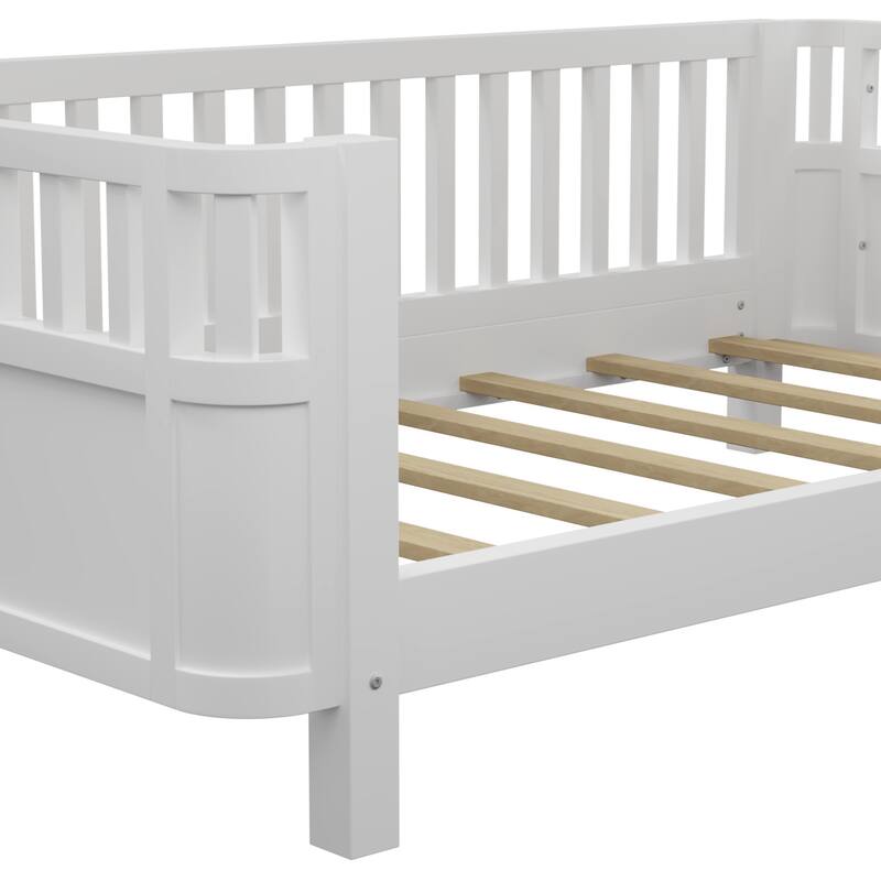 Twin Size Wood Platform Bed with Safety Rails for Kids, Low Profile Design, White