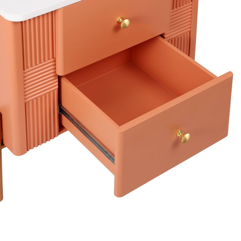 Modern Nightstand with 2 Storage Drawer, Fluted Bedside Table with Golden Metal Handles and Legs