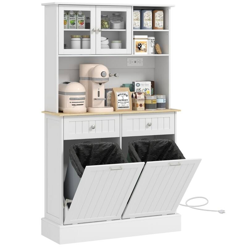 Multi-Functional Kitchen Pantry Cabinet with Drawers Tilt Out Cabinets Adjustable Shelves Tempered Glass Anti Tipping for Home - White