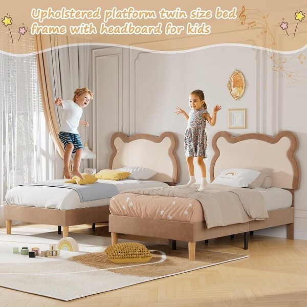 VECELO Set of 2 Bear Ear Twin Beds Light Brown Adjustable