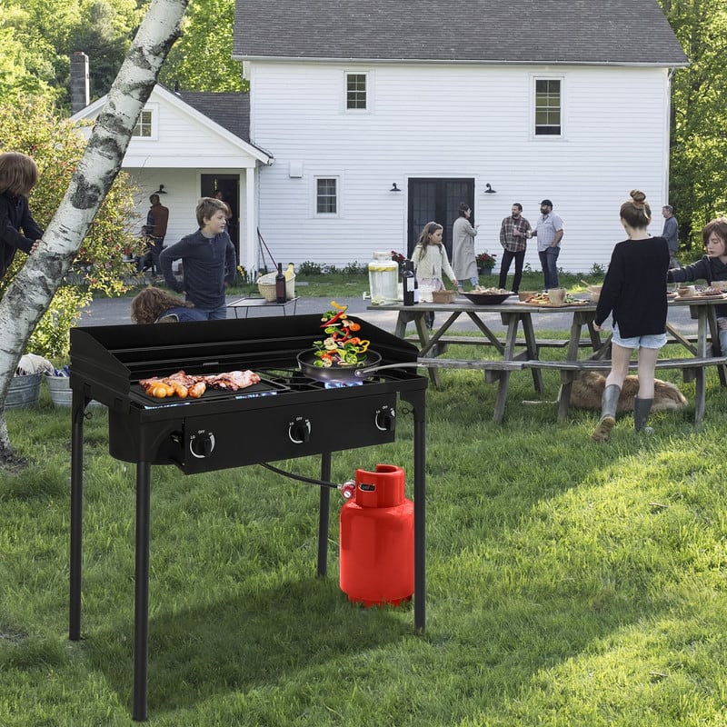 Outdoor Camping 3-Burner Stove High Pressure Propane Gas Cooker with Windscreen - N/A