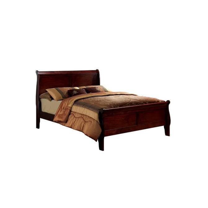 Queen Size Sleigh Bed in Cherry Finish, Transitional Style Solid Wood Bedroom Furniture