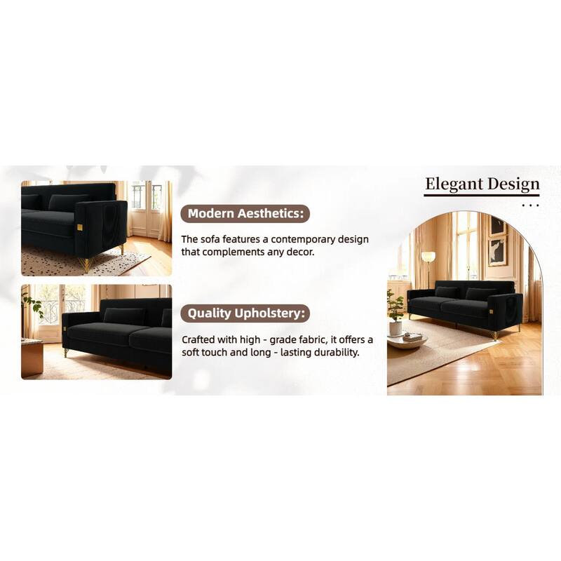 Roomfitters Mid-Century Modern Upholstered Sofa with Gold Metal Legs and Square Arms, Elegant Couch for Living Room