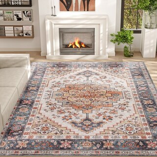 HOMCOM Washable Area Rug, 8'x10' Vintage Indoor Distressed Carpet, Retro Floor Cover Foldable, Floral Print Mat for Living Room