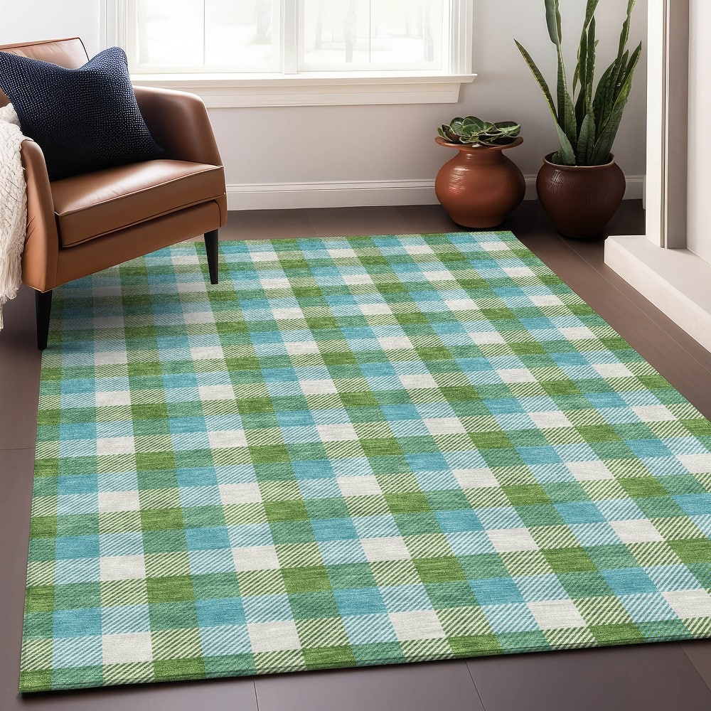 Machine Washable Indoor/ Outdoor Plaid Chantille Rug