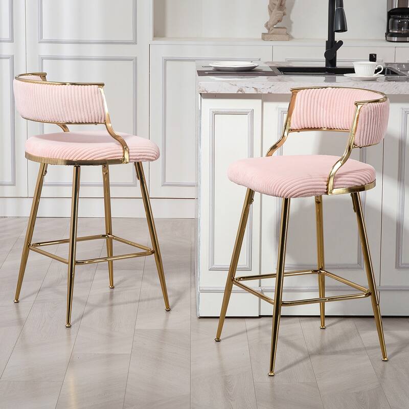 2PCS Corduroy Counter Height Bar Stools With Gold Metal