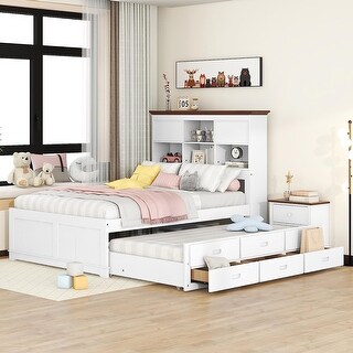 Full Solid Pine Captain Bookcase Bed with Trundle Bed and 3 Spacious Under Bed Drawers in Casual, White+Walnut