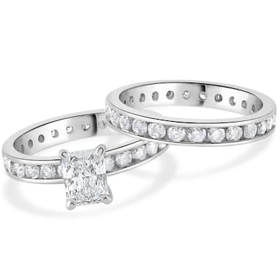 4Ct Radiant Cut Diamond Eternity Engagement Wedding Ring Set Gold Lab Grown