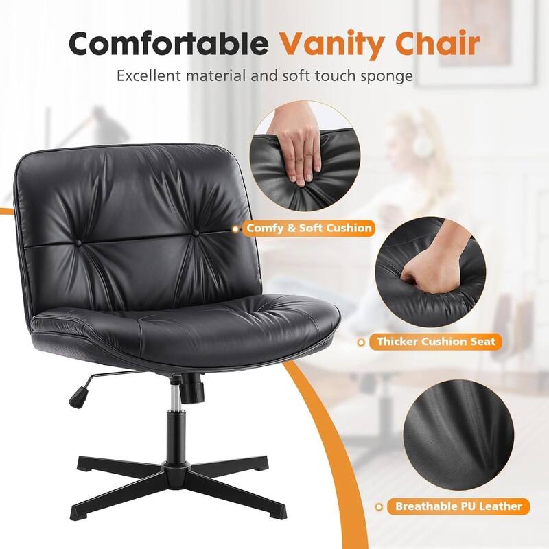 PU Leather Tilt Wide Seat Ergonomic Task Chair with Armless, Criss Cross Legged and No Wheels