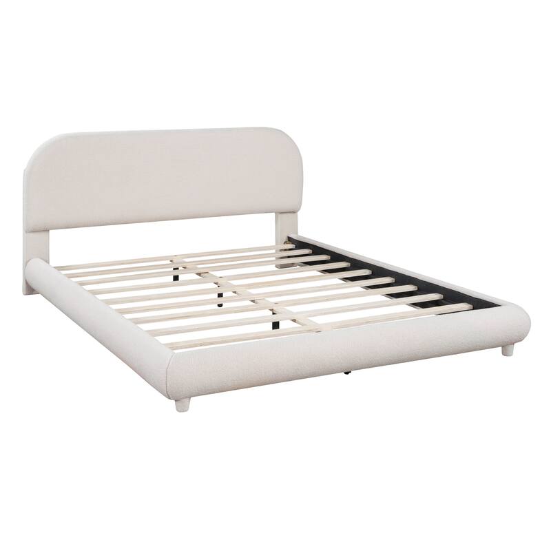 Curve-Shaped Teddy Fleece Upholstered Platform Bed Thick Fabric Low Profile Bed for Bedroom, Solid Wood Frame Slat Support
