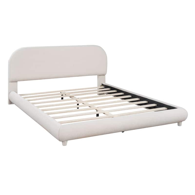 Teddy Fleece Queen Size Upholstered Platform Bed with Thick Fabric, Solid Frame and Stylish Curve-shaped Design, Beige