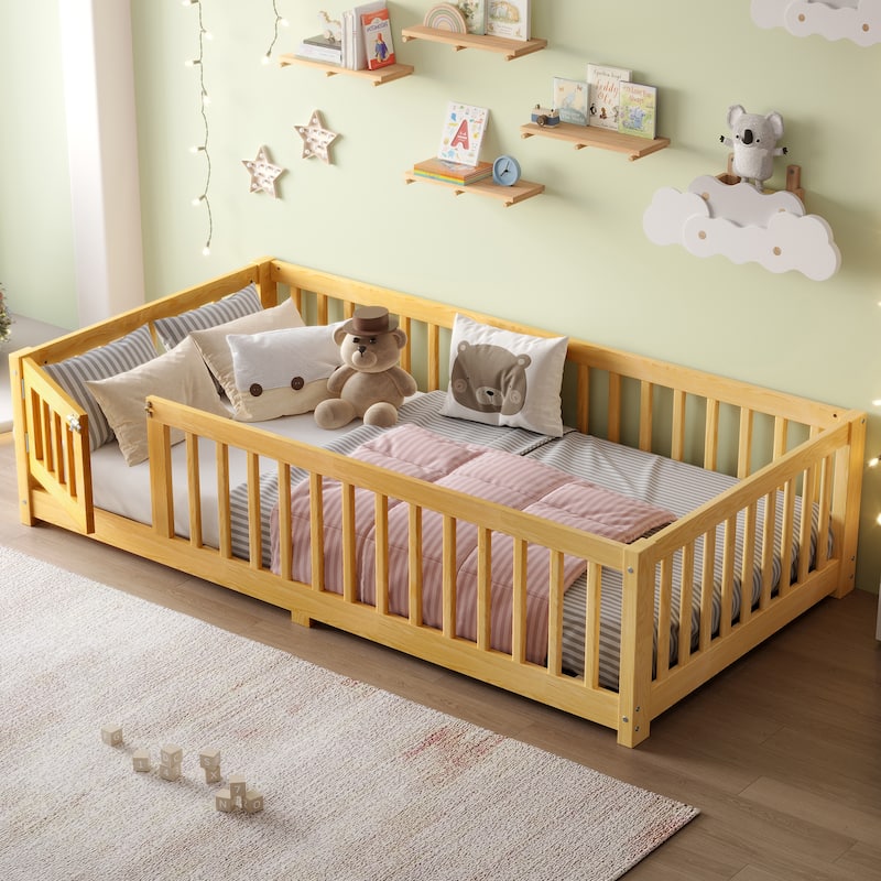 Twin Size Bed Floor Bed with Safety Guardrails and Door for Kids