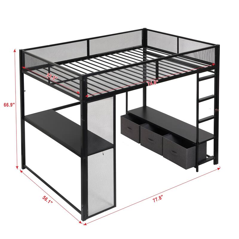 Full Gaming Loft Bed with LED, Desk, Open Wardrobe and 3 Linen Drawers