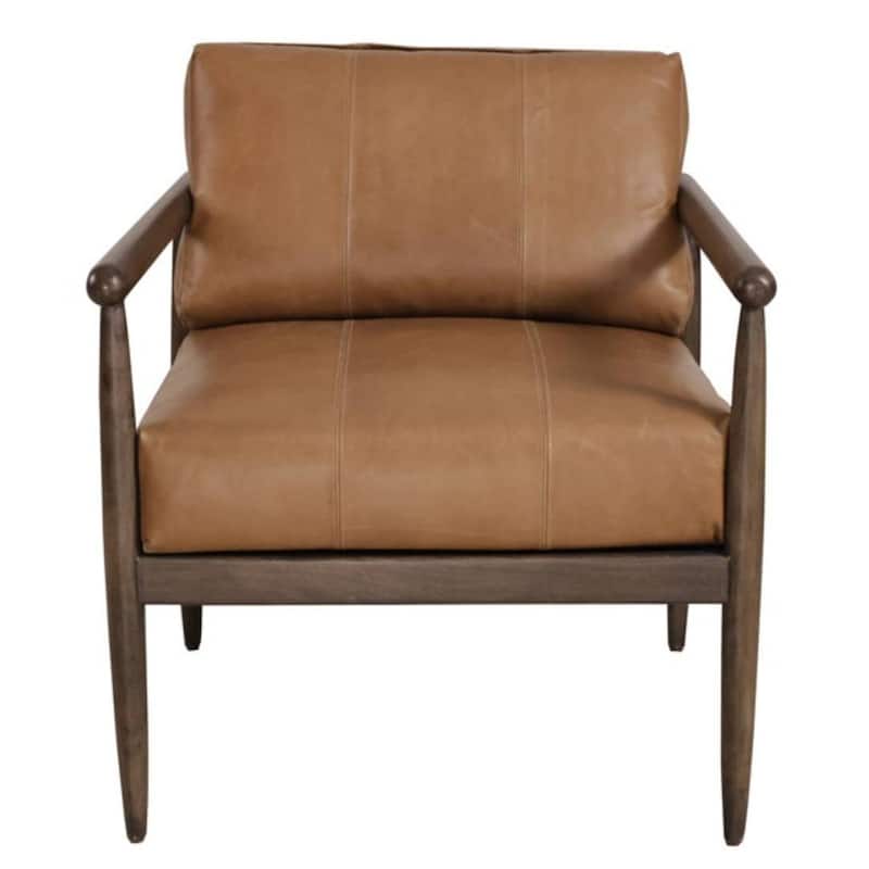 HomeRoots 28" Brown Genuine Leather and Solid Wood Arm Chair - 27.50 in. x 26.00 in. x 30.50 in.