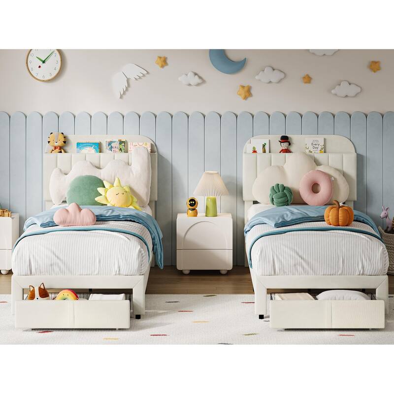 Twin Bed Frames for Kids, Velvet Upholstered Platform Bed Frames with Drawer and Bookcase Headboard, Girls Boys Bed
