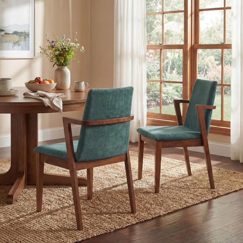 Christopher Knight Home - Mid-Century Modern Upholstered Wood Dining Arm Chairs with Ergonomic Armrests & Backrest, Set of 2 - Green Fabric+Walnut Legs