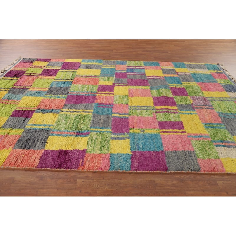 Colorful Checkered Moroccan Oriental Area Rug Handmade Wool Carpet - 6'10" x 10'6"
