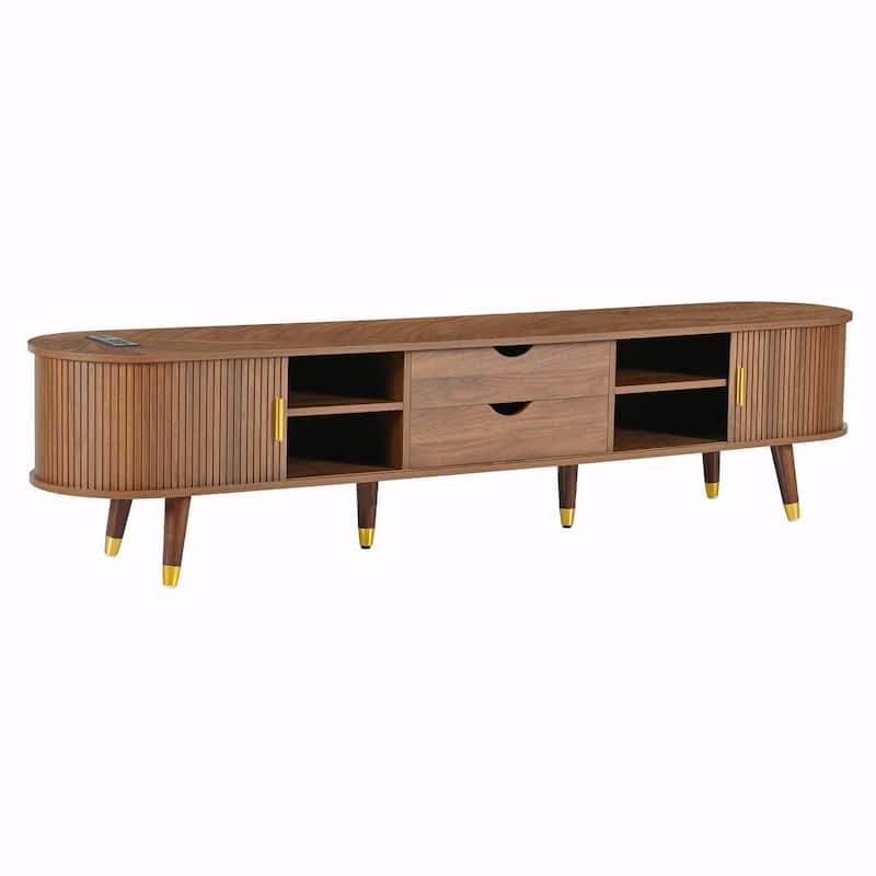 Wooden Oval Fluted TV Stand with Charging Station for TVs Up to 80"
