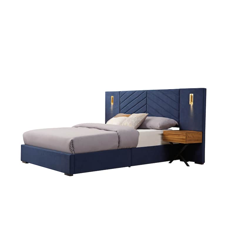 King Size Velvet Bed Frame/Vertical Channel Tufted Wingback Headboard/Upholstered Platform Bed