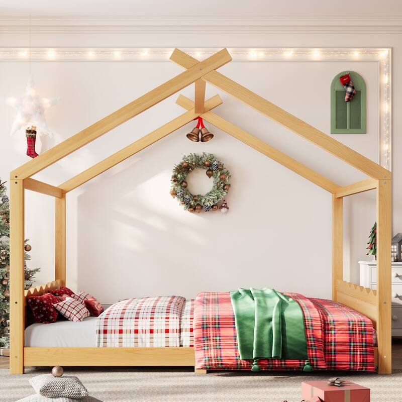 Roomfitters House Floor Bed with Support Slats, Solid Wood Open Frame Design