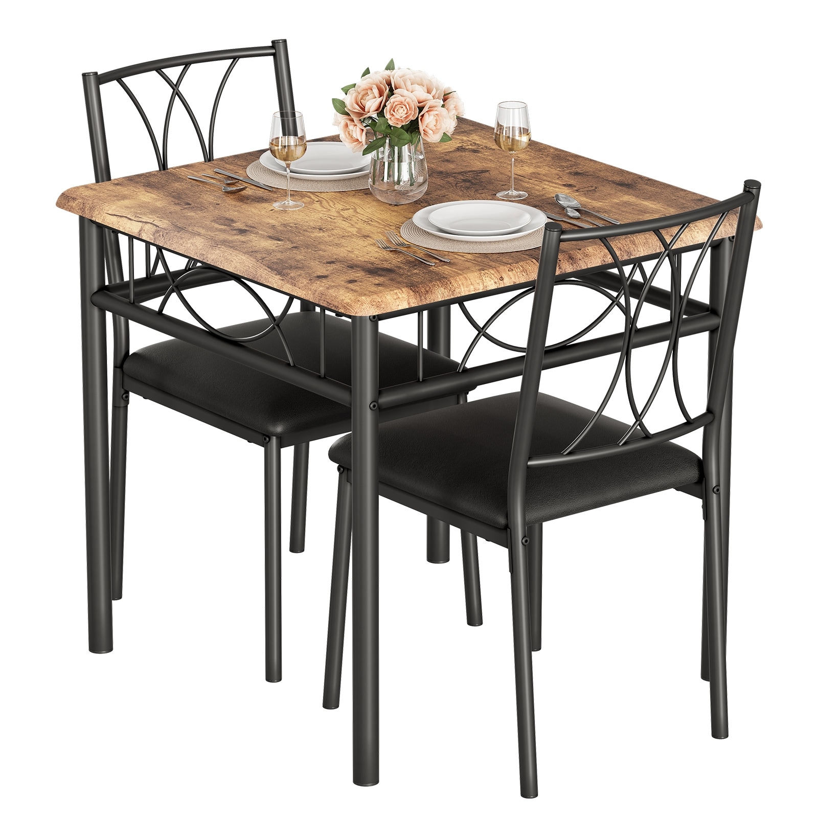 3 Piece Kitchen Dining Table Set, Metal and Wood Square Dining Table with 2 Upholstered Chairs, Brown