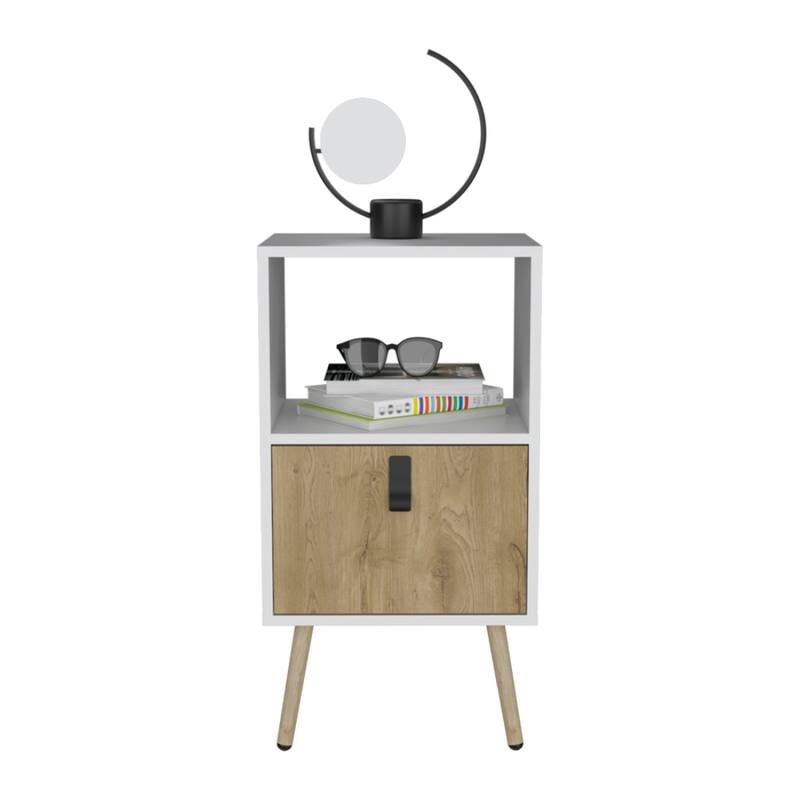 22" White and Beige Wood Nightstand with Drawer and Shelf Modern Accent Table for Bedroom or Hallway