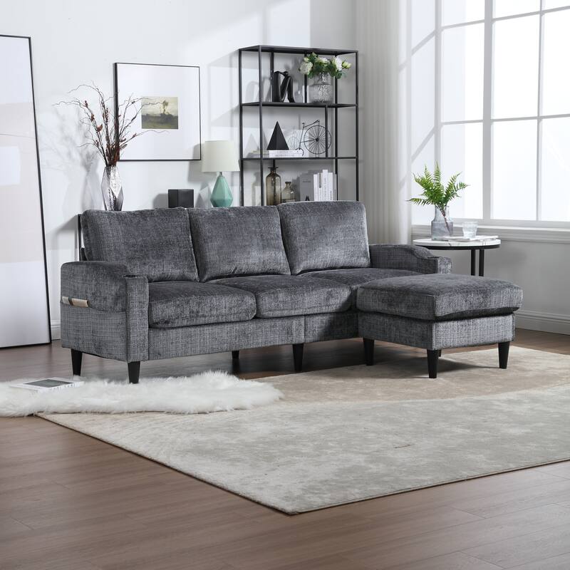 Modular Sectional Sofa with Storage Ottoman, Comfy Chenille Fabric Sofa, 3-Seater Sofa with Side Pockets & 2 Cup Holders