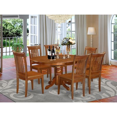 7-Piece Oval Saddle Brown Finish Solid Wood Top Dining Table with 6-Chairs with