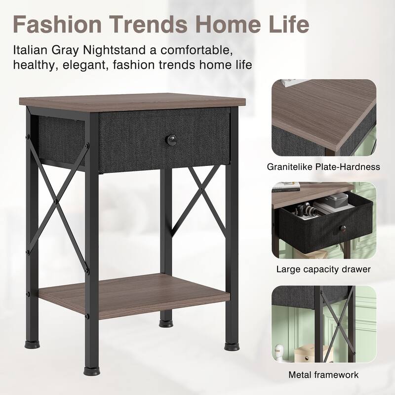 VECELO X Frame Nightstand with Removable Fabric Drawer Easy to Clean Nightstand Multifunctional End Table with Open Shelf