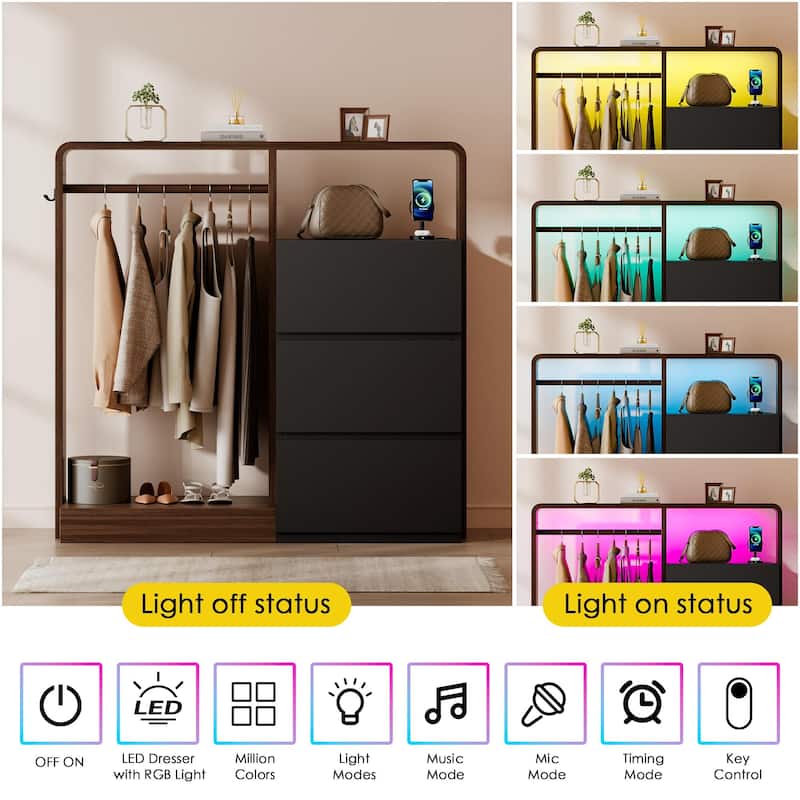 Dresser for Bedroom with Hanging Closet, 3 Drawers Dresser with LED Lights & Charging Station