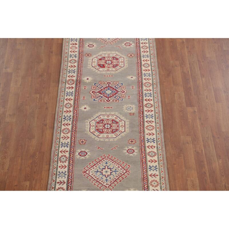 Geometric Grey Kazak Runner Rug Handmade Wool Carpet - 2'10" x 19'7"