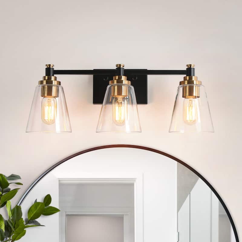 3-Light Modern Black Gold Bathroom Vanity Light Dimmable Cone Wall Sconces