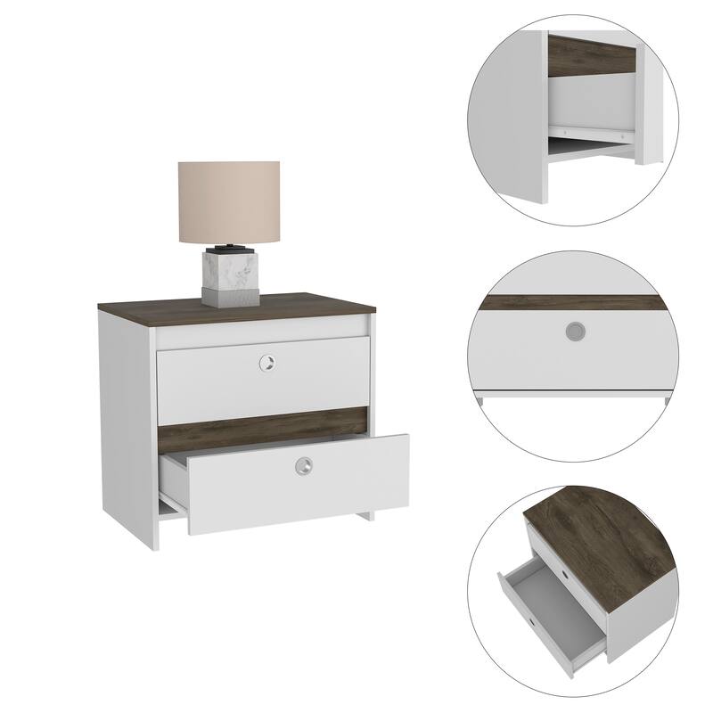 Modern Nightstand with Drawer and Shelf, Smokey Oak & White Finish, Space-Saving Design