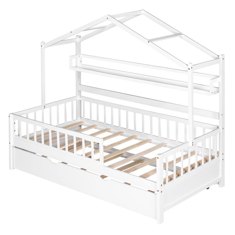 Roomfitters Wooden House Bed with Trundle and Shelf, House Frame Bed for Bedroom, White