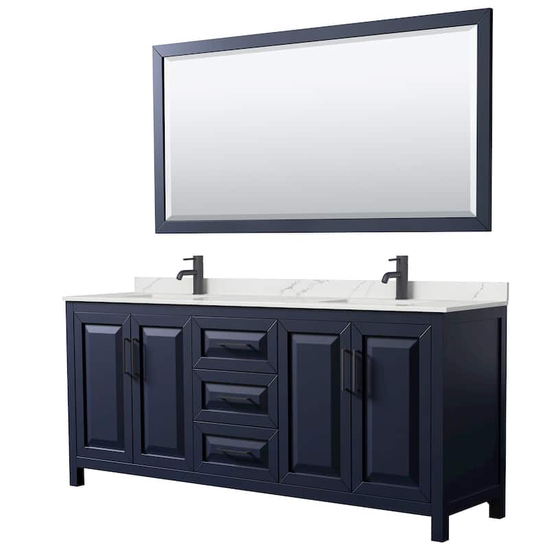 Wyndham Collection WCV252580D-QTZ-UNSM70 Daria 80" Free Standing - Dark Blue / Giotto Quartz Top / Matte Black