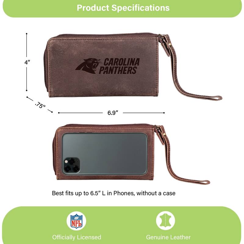 Brown Leather Cell Phone Wristlet Wallet, Carolina Panthers - 4" x 7"
