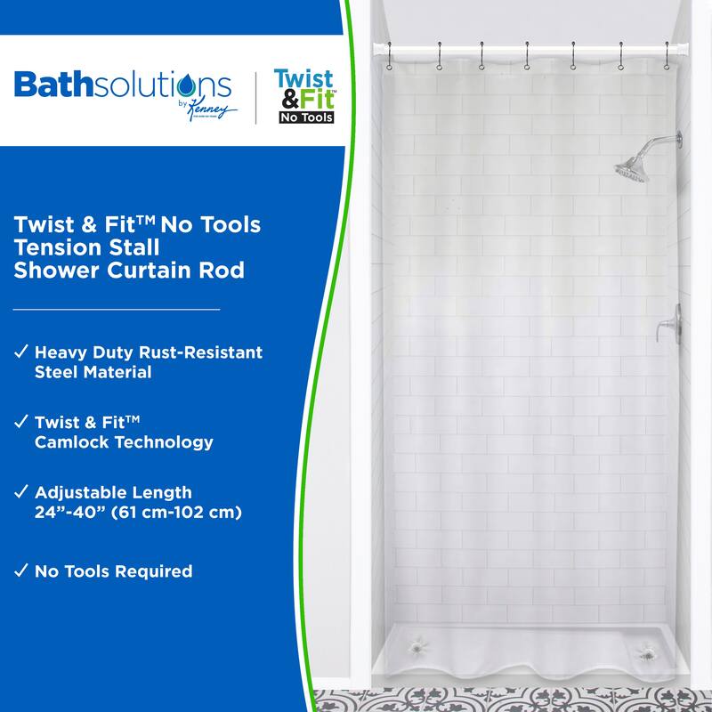 Kenney Twist & Fit No Tools Camlock Tension Stall Shower Curtain Rod, 24-40" - White