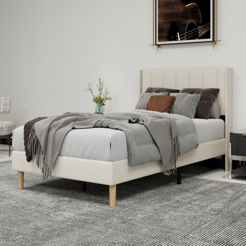 Caxkun Upholstered Platform Bed Frame with Wingback headboard - Beige - Twin
