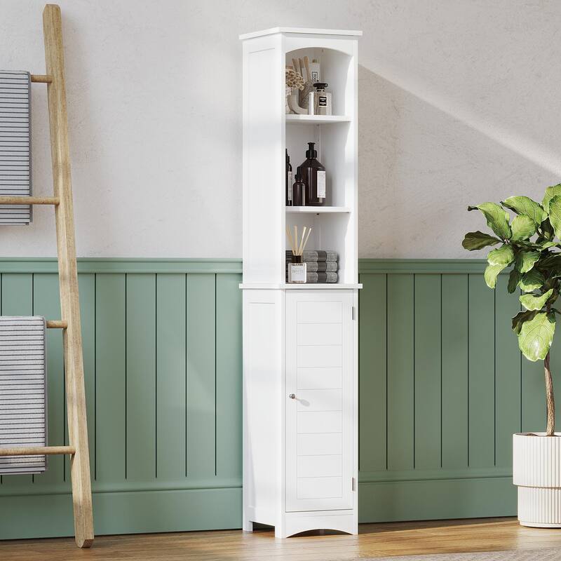 64.17"Tall Bathroom Storage Cabinet with Adjustable Shelves,Slim 1 Doors Freestanding Cabinet with Anti-Tip, Open compartments